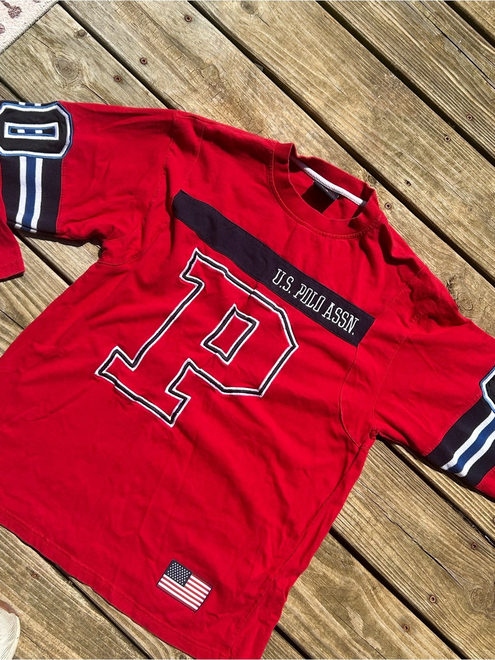 U.S. Polo Assn. Red Long Sleeve Varsity 'P' Graphic Tee with Navy Accents